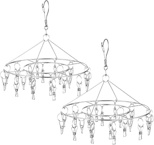 CenYouful 2 Pack Stainless Steel Round Hanging Drying Rack with 20 Clips for Drying Socks, Baby Clothes, Bras, Towel, Underwear, Hat, Scarf, Pants, Gloves-CubbioJoy