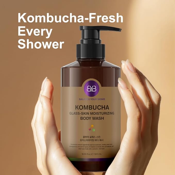 BALANCE YOUR BIOME Kombucha Glass-Skin Moisturizing Body Wash, K-Beauty,Fermented soybean, barley, Pear Juice, Pomegranates,12 Vitamins, Nurishing, Cleansing, 16.9 fl.oz.500ml, No Silicone-CubbioJoy