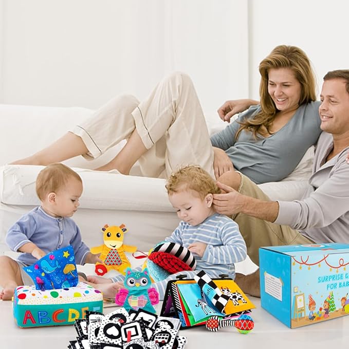 Baby Gifts Set,Infant Toys Set with Tummy Time Mirror,Plush Teethers,High Contrast Baby Books,Rattle,Tissue Box Toy,Sensory Ball for Boys Girls,Perfect Sensory Toys Gifts Basket for Shower Birthday-CubbioJoy