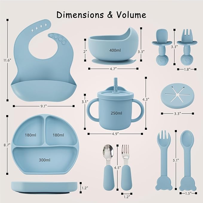 Baby Silicone Feeding Set, 13PCS Baby Self Feeding Set, Toddler Led Weaning Utensils Sets with Suction Bowl and Plate, 3 Set of Baby Spoons and Forks, Adjustable Bid, Sippy Cup with Straw and 2 Lids-CubbioJoy