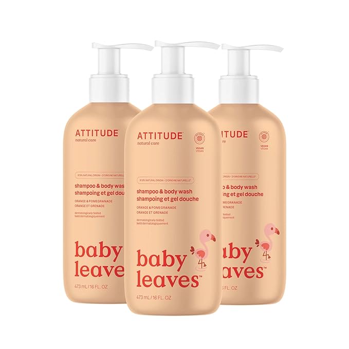 ATTITUDE 2-in-1 Shampoo and Body Wash for Baby, EWG Verified, Dermatologically Tested, Vegan, Orange and Pomegranate, 16 Fl Oz (Pack of 3)-CubbioJoy