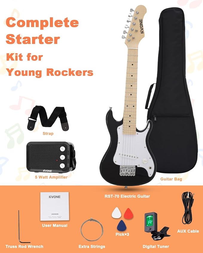 30 Inch Kids Electric Guitar Kit Beginner Complete Bundle with Smooth Fingerboard, Lightweight Design for Child, 5W Practice Amp, Gig Bag, Tuner, Strap, Cable, Picks, Extra Strings, RST-70 Black-CubbioJoy