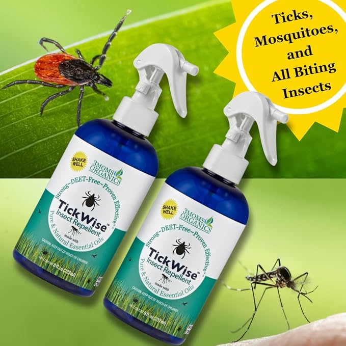 3 Moms Organics, TickWise 8oz Extra Strength Double Whammy 2-Pack - DEET- Free, Tick and Insect Repellent, Plant Based Essential Oils, All Natural Ingredients, Safe for Kids, Adults, Dogs & Horses-CubbioJoy