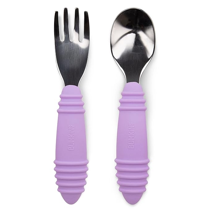 Bumkins Toddler Utensils, Kids Size Fork and Spoon Set, Silicone and Stainless-Steel Training Silverware, Angled Forks / Sporks for Self-Feeding, Children Hold Learning to Eat, 18 Months Up, Lavender-CubbioJoy