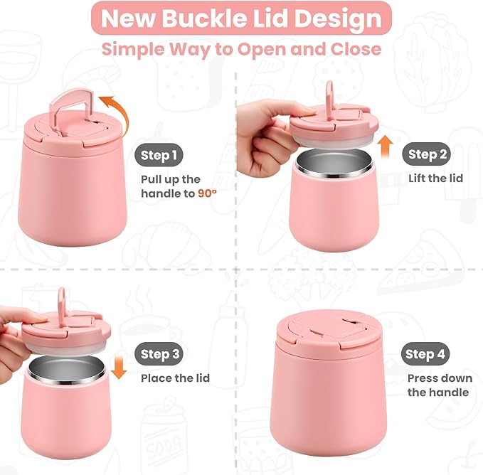 20oz Insulated Vacuum Food Jar with Buckle Lid,Soup Thermo for Hot Food Kids,Wide Mouth Leakproof Stainless Steel Lunch Container with Spoon-Pink-CubbioJoy