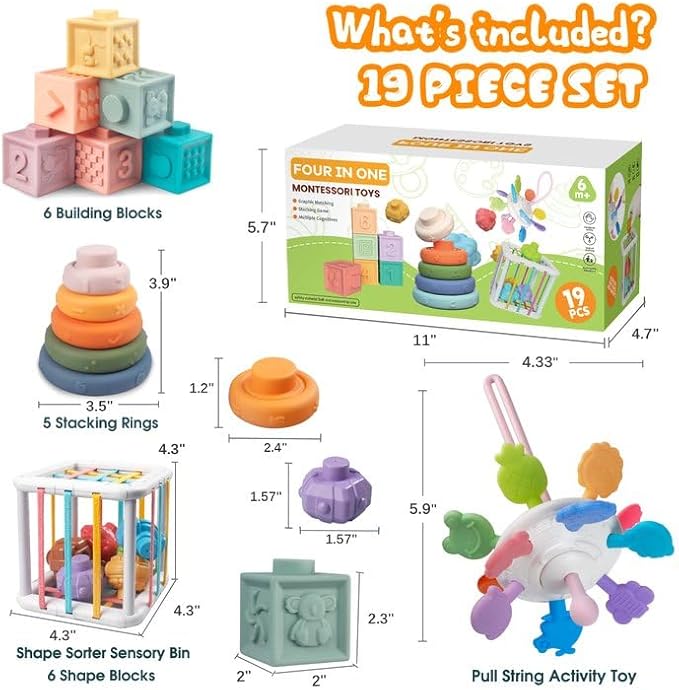 4-in-1 Baby Toys for 6-12 Months, Montessori Soft Stacking Blocks for Babies, Infants Teething Toys, Sensory Balls and Educational Learning Set for Toddlers (Boys & Girls)-CubbioJoy