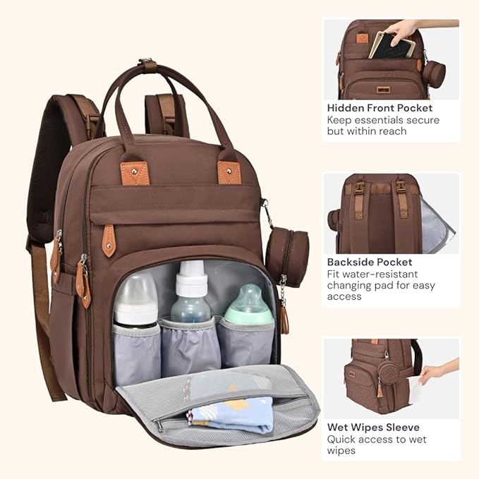BabbleRoo Diaper Bag Backpack - Baby Essentials Travel Tote - Multi Function Waterproof Diaper Bag, Travel Essentials Baby Bag with Changing Pad, Stroller Straps & Pacifier Case - Unisex, Brown-CubbioJoy