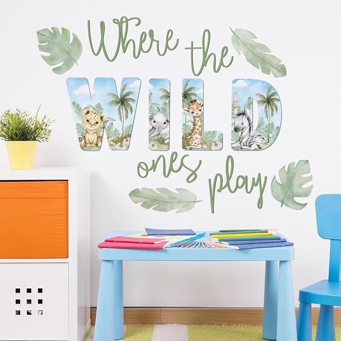 27.95x21.65 Inches Watercolor Wild Jungle Animal Wall Decals - Forest Safari Removable Stickers for Baby's Nursery, Playroom, Bedroom, Classroom - Tiger, Elephant, Giraffe Decor-CubbioJoy