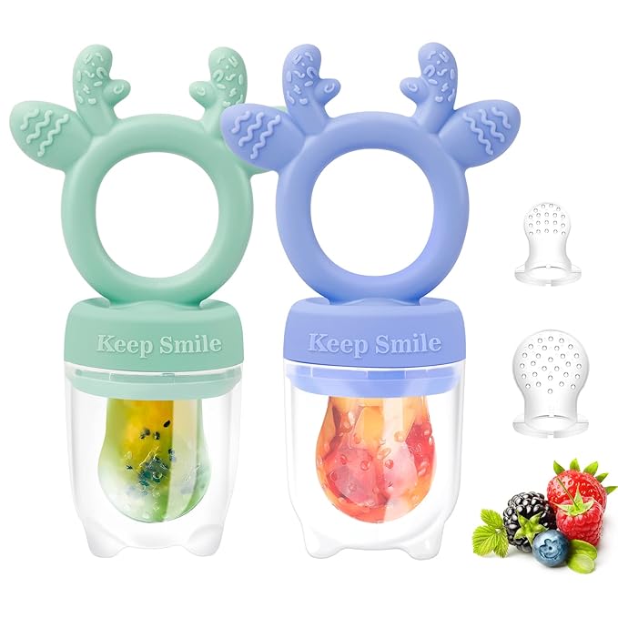 Baby Solids/Frozen Fruit Feeder Pacifier, Infant Teether Toy 4M+, BPA-Free Silicone Pouch & Nipple, Safely Introduce Solids, Teething Relief, 2-Pack (Deer - Green Purple, S/M/L)-CubbioJoy