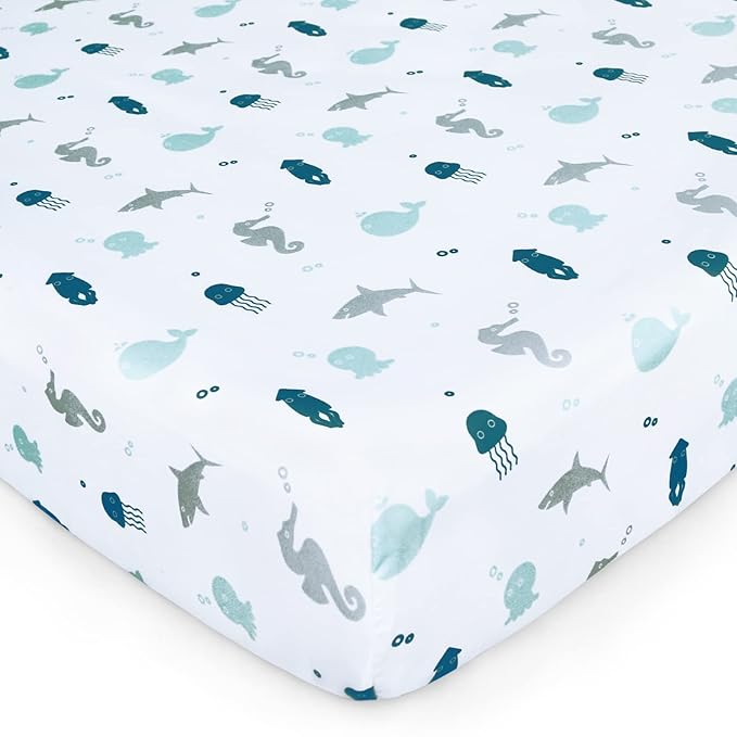 Crib Sheets for Boys or Girls 4-Pack, Fitted Crib Sheet 52'' x 28'' for Standard Crib & Toddler Mattress, Soft and Breathable Material, Baby Crib Sheets Neutral, Aqua-CubbioJoy