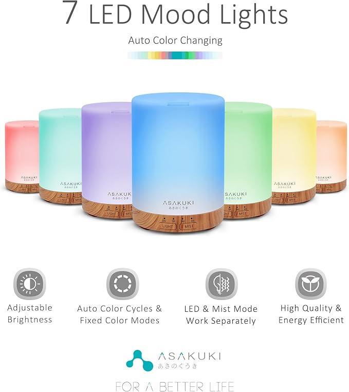 ASAKUKI 300ML Essential Oil Diffuser, Quiet 5-in-1 Premium Humidifier, Home Fragrance Aroma Diffuser with 7 LED Color Changing Light and Auto-Off Switch -Light Brown-CubbioJoy