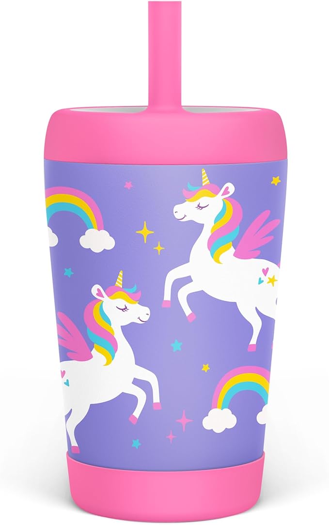 Kid Insulated Stainless Steel Tumbler with Silicone Straw, 12oz Sippy Cup for Kids (Unicorn)-CubbioJoy