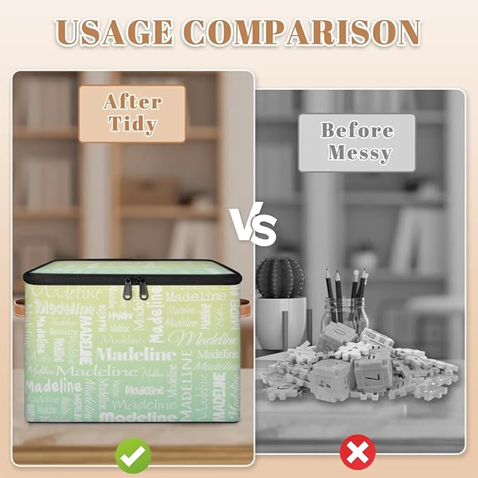 Custom Storage Basket with Name, Personalized Storage Bins with Zipper Lid, Foldable Fabric Storage Box Large capacity with Handle Yellow Green-CubbioJoy