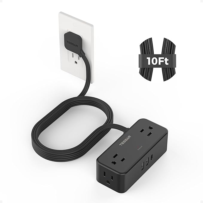 Black Extension Cord 10 Ft, TESSAN Power Strips with Surge Protection 900J with 4 Wide Spaced AC Outlets 3 USB Ports(1 USB C), Extension Cord with Multiple Outlets for Home Office Dorm Room-CubbioJoy