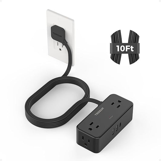 Black Extension Cord 10 Ft, TESSAN Power Strips with Surge Protection 900J with 4 Wide Spaced AC Outlets 3 USB Ports(1 USB C), Extension Cord with Multiple Outlets for Home Office Dorm Room-CubbioJoy