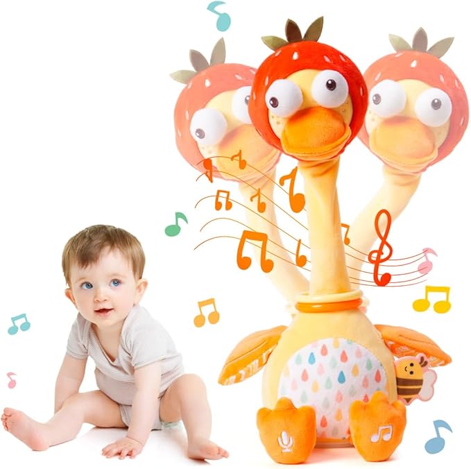Jollybaby Plush Talking Singing Dancing Musical Strawberry Duck Toy for Toddlers 1-3 Just Like Cactus Toy, Music Mimicking Interactive Toys for Crawling Kids, Sensory Gift for Baby 0-6-12 Month-CubbioJoy
