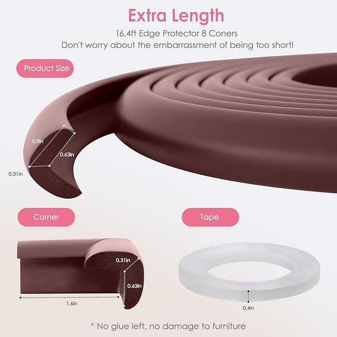 Baby Proofing Corners and Edges Protector Guards (16.5FT Edge +8 Corners), Soft Rubber Foam Edge Protector with Removable Double Sided Tapes, Furniture Table Bumper Guard for Baby Safety-Brown-CubbioJoy