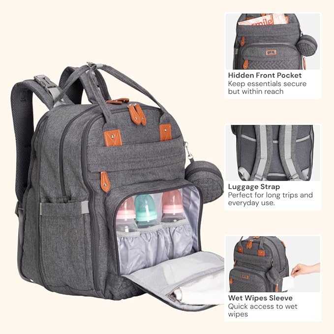 BabbleRoo Extra Large Diaper Bag Backpack, Expandable Baby Bag with Up to 50% More Capacity - Travel Essentials Baby Bag Tote with Changing Pad, Stroller Straps & Pacifier Case - Unisex, Dark Gray-CubbioJoy