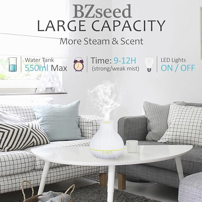 BZseed Aromatherapy Essential Oil Diffuser 550ml 12 Hours White Wood Grain Aroma Diffuser with Timer for Large Room, Home, Baby Bedroom, Waterless Auto Shut-Off, 7 Colors Lights Changing-CubbioJoy