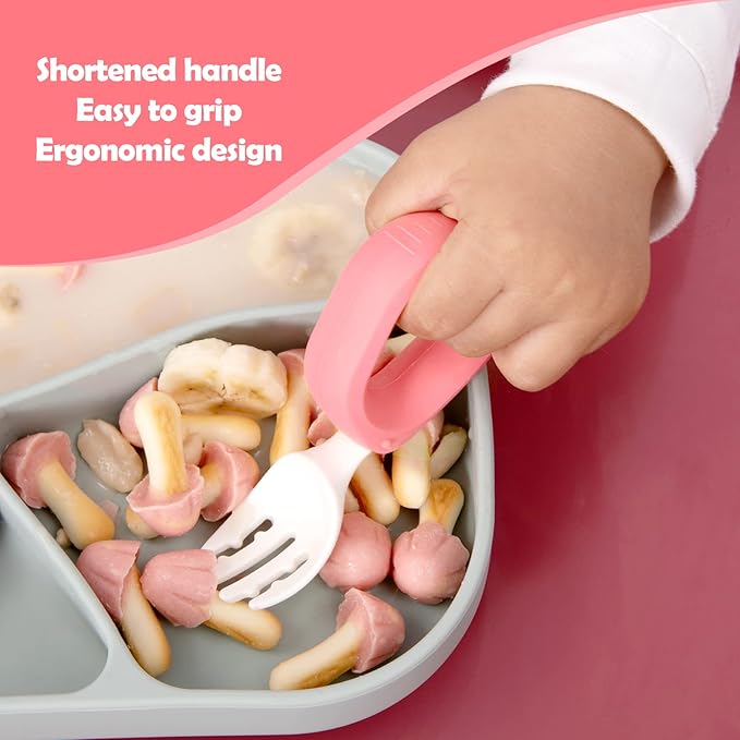 Baby Self Feeding Training Spoon and Fork Set with Travel Case, BPA-Free Cute Circle Toddler Training Utensils, Silicone/ABS Great Tableware Set Spoons Fork for Kids(Yellow)-CubbioJoy