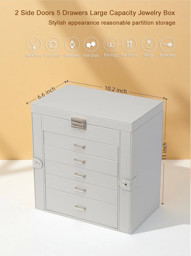 BOOVO Jewelry Box For women, 6 Layer Large Jewelry Organizer With Mirror, Multi-Function Storage Box With Lock, Necklace Holder With 5 Drawers, For Earrings Necklace Bracelet (Silver and Grey)-CubbioJoy