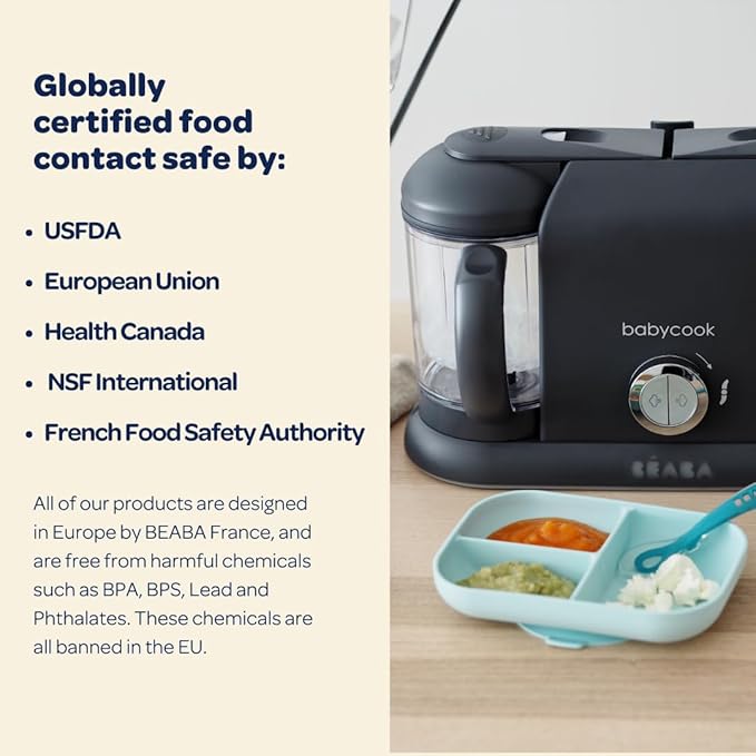 BEABA Babycook Duo 4 in 1 Baby Food Maker, Puree Steamer and Blender for Purees, Grinder with Auto Steam Cooking, Lrg 9.1 Cup Capacity, Makes 54 Servings in 20 Mins, Charcoal-CubbioJoy