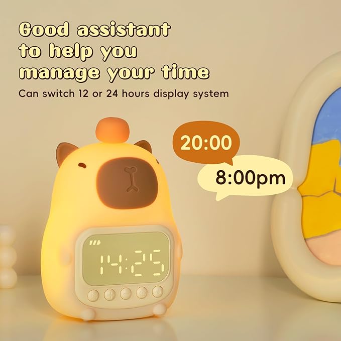 Capybara Alarm Clock with Night Light for Kids, Cute Alarm Clocks for Bedrooms Ok to Wake Clocks, Silicone Animal Tabletop Lamp for Teen Girls Boys-CubbioJoy