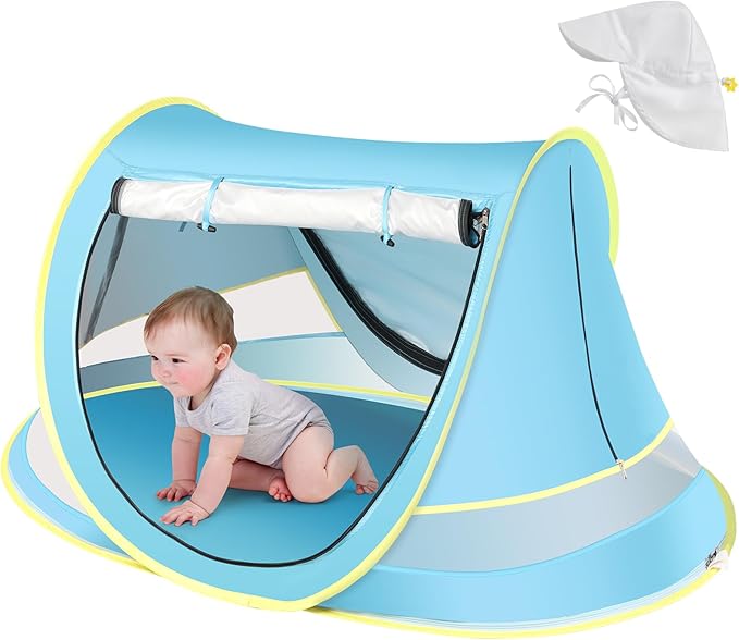 Baby Beach Tent with Baby Hat, Pop Up Toddler Travel Bed with Sun Hat for Boys or Girls, Sun Shade for Toddler Camping, Infant Portable Sun Shade, Summer Beach Baby-CubbioJoy