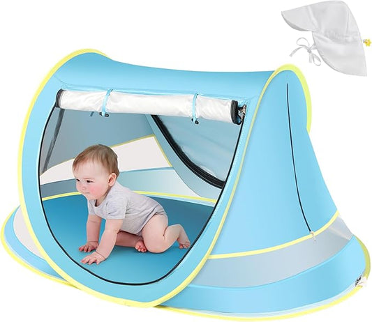 Baby Beach Tent with Baby Hat, Pop Up Toddler Travel Bed with Sun Hat for Boys or Girls, Sun Shade for Toddler Camping, Infant Portable Sun Shade, Summer Beach Baby-CubbioJoy