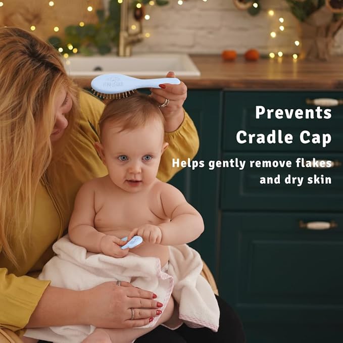 Baby Hair Brush Set for Newborns - Baby Brush and Comb Set - Ultra Soft Goat Hair Bristles, Perfect for Cradle Cap, Newborn Showers & Registries Gift, Comb Brush for Girls & Boys (Sky)-CubbioJoy