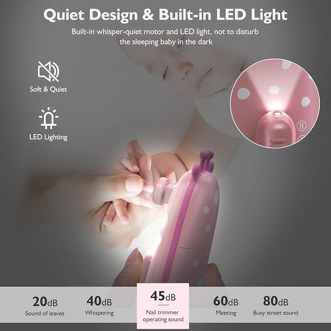 Baby Nail Trimmer Electric Baby Nail File Safe Baby Nail Clippers with Light 10 Grinding Heads Queit Baby Nail Polish Grooming Kit for Newborn Infant Toddler Toes Fingernails Care, Pink-CubbioJoy