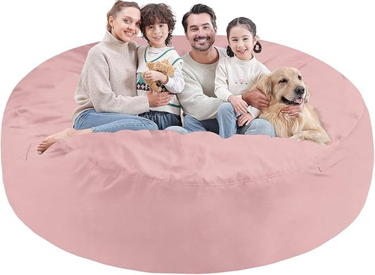 7FT Bean Bag Chair, Large Bean Bag Chairs with Memory Foam Filled, Fluffy Beanbag Sofa with Dutch Velvet Cover, Round BeanBag Chairs for Living Room, Playroom - Light Pink-CubbioJoy