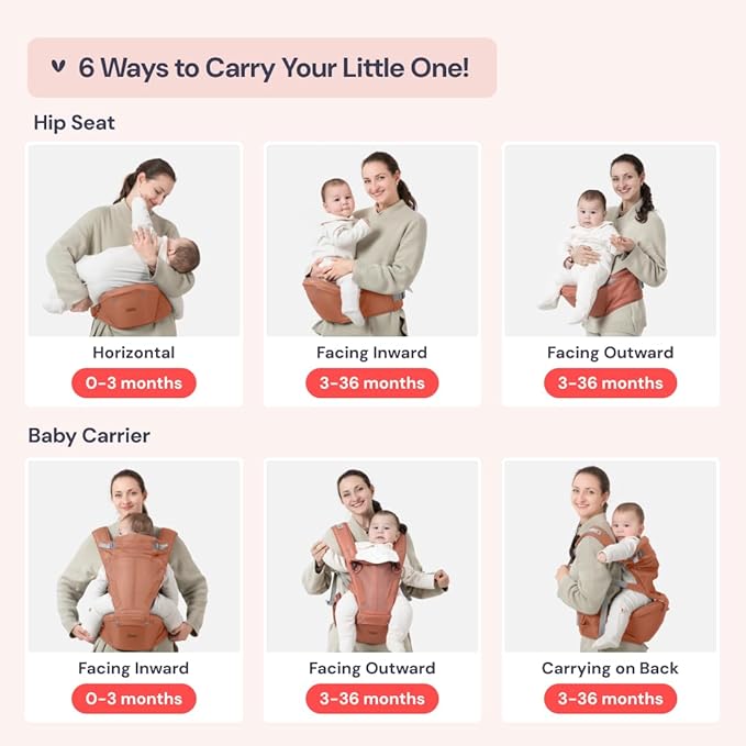 BabbleRoo Grow Carrier – Safety-Certified 6-in-1 Baby Carrier with Hip Seat, Ergonomic & Adjustable Toddler Carrier 7-50 lbs with Hip Support, Hood for Sun Protection, Newborn to Toddler,Kangaroo Rose-CubbioJoy