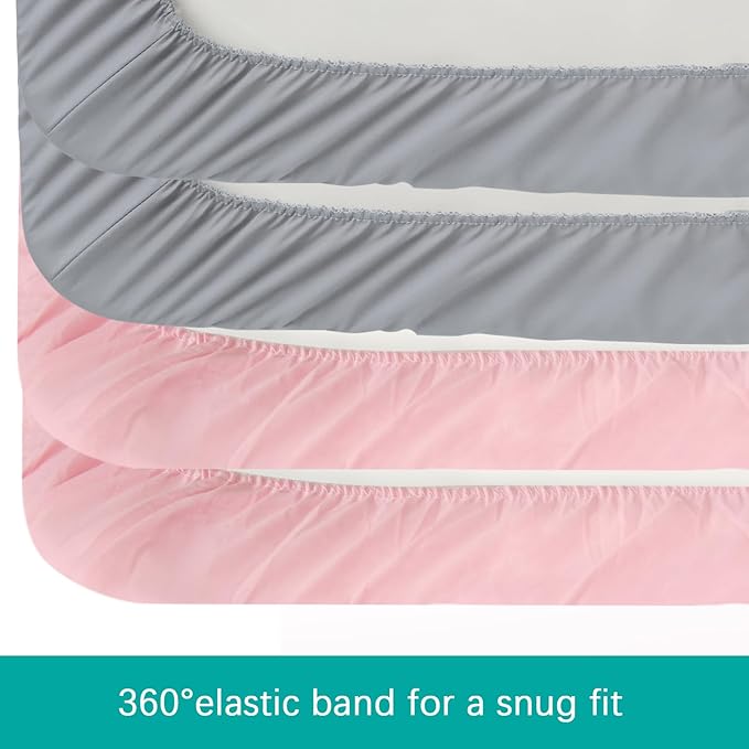 4-Pack Fitted Mini Crib Sheets for Boys and Girls - Breathable, Soft Microfiber Baby Sheets in Grey and Pink-CubbioJoy