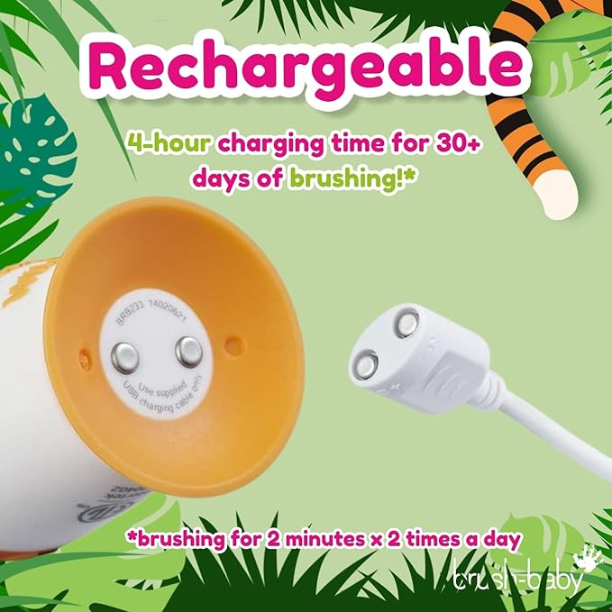 brush-baby WildOnes™ Rechargeable Kids Electric Toothbrush – Toby Tiger | Flashing Lights, 2-Min Timer, Waterproof, 3 Brush Heads | Toddler & Child Toothbrush Ages 0-10 | Soft Bristles-CubbioJoy