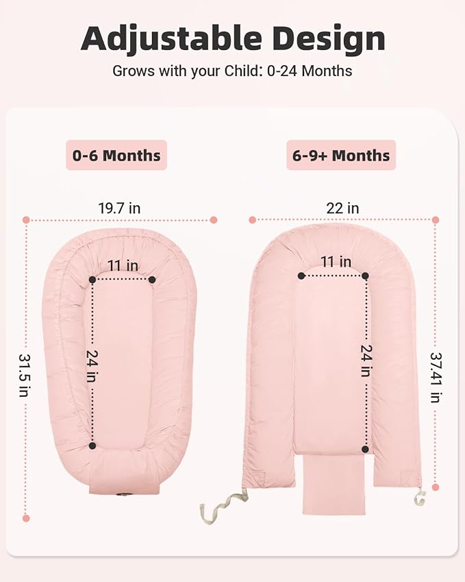 Baby Lounger for Newborn 0-24 Months, Breathable & Soft Infant Lounger, Adjustable Tummy Time Lounger for Home and Travel, Baby Girls & Boys Newborn Babies Essentials Stuff, Pink-CubbioJoy