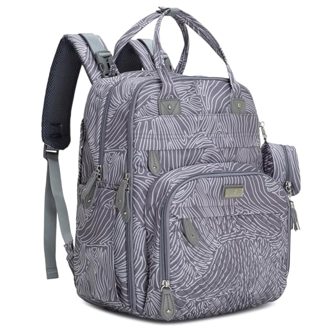 BabbleRoo Diaper Bag Backpack - Baby Essentials, Travel Essentials Baby Bag with Changing Pad, Stroller Straps & Pacifier Case - Unisex, Gray Swirls-CubbioJoy