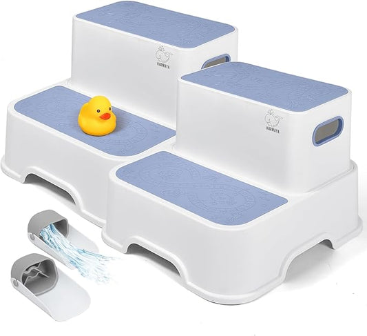 Blue Toddler Step Stool for Bathroom Sink, 2 Step Stool for Kids Kitchen Sink, Heavy Duty Stepping Stool for Toddlers Toilet Potty Training (2 Pack, White-Blue)-CubbioJoy