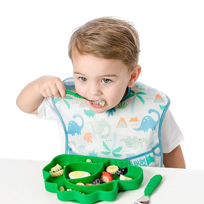 Bumkins Toddler Utensils, Kids Size Fork and Spoon Set, Silicone and Stainless-Steel Training Silverware, Fork / Spork for Self-Feeding, Children Hold Learning to Eat, 18 Months Up, Jade Green-CubbioJoy