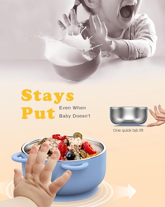 Baby Suction Bowls with Lids 4-Pack, 2-in-1 Stainless Steel 304 Toddler Bowl & Removable Silicone Suction Kids Bowl Plate Set Non Toxic Snack Dishes for Self-Feeding, Organic Bloom-CubbioJoy