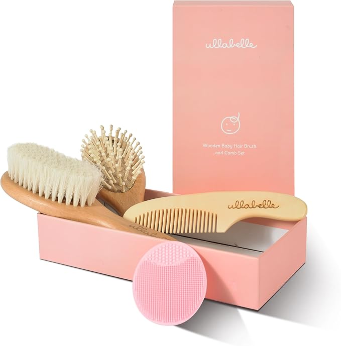 4 Piece Wooden Baby Hair Brush and Comb Set for Newborns & Toddlers in Chic Gift Box - Ultra Soft Natural Goat Hair and Wood Baby Brush Set Prevents Cradle Cap - Perfect Registry Gift (Pink)-CubbioJoy