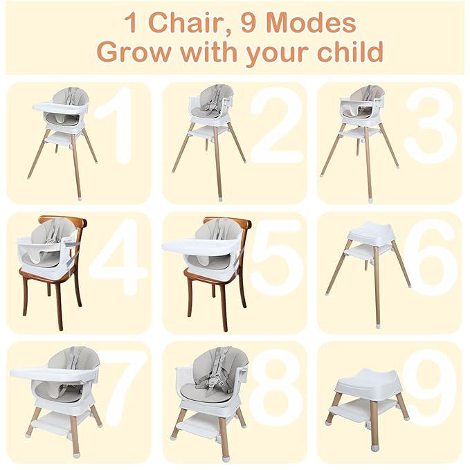 9 in 1 Convertible Baby High Chair with Booster, Wooden Highchair for Babies and Toddlers with Adjustable Tray & 5-Point Harness, Multi-Functional Growing Seat for Feeding, Learning & Play, Gray-CubbioJoy