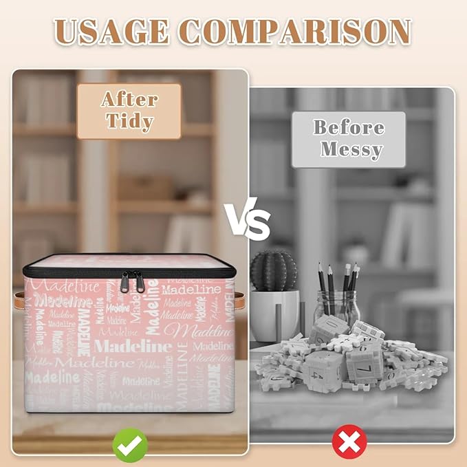 Custom Storage Basket with Name, Personalized Storage Bins with Zipper Lid, Foldable Fabric Storage Box Large capacity with Handle Pink White-CubbioJoy