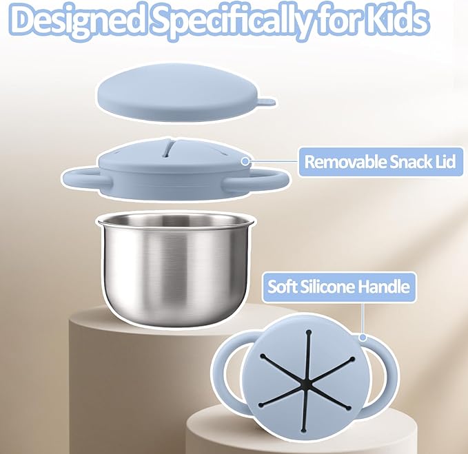 BUSOHA 2 Pack Stainless Steel Toddler Snack Cups - 9 OZ Spill-Proof Baby Snack Containers with Silicone Catcher and Lid Travel Snack Containers for Kids Food Grade Silicone Dishwasher Safe-CubbioJoy