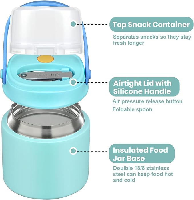 2-in-1 Insulated Food Jar & Snack Container - 15oz Kids Soup Thermos for Hot Food with Handle and Spoon, Leak Proof Reusable Toddler Snack Box, Perfect for School & Travel, Tiffany Blue-CubbioJoy