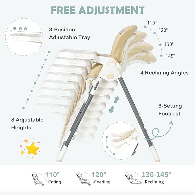 BABY JOY High Chair for Babies & Toddlers, Foldable High Chair w/Adjustable Height/Backrest/Footrest, Double Removable Tray, Book Holder & Storage Bag, Highchair for 6-36 Months Girls Boys (Beige)-CubbioJoy