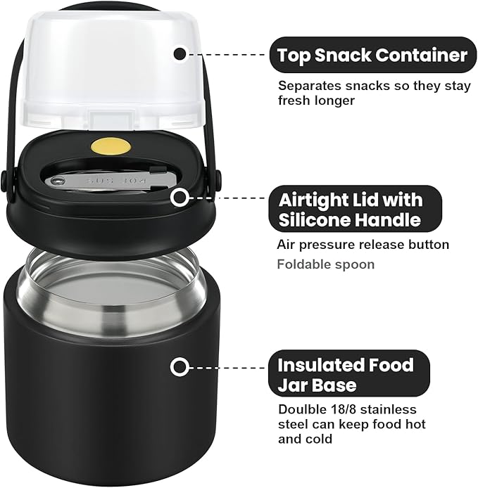 2-in-1 Insulated Food Jar & Snack Container - 15oz Kids Soup Thermos for Hot Food with Handle and Spoon, Leak Proof Reusable Toddler Snack Box, Perfect for School & Travel, Black-CubbioJoy