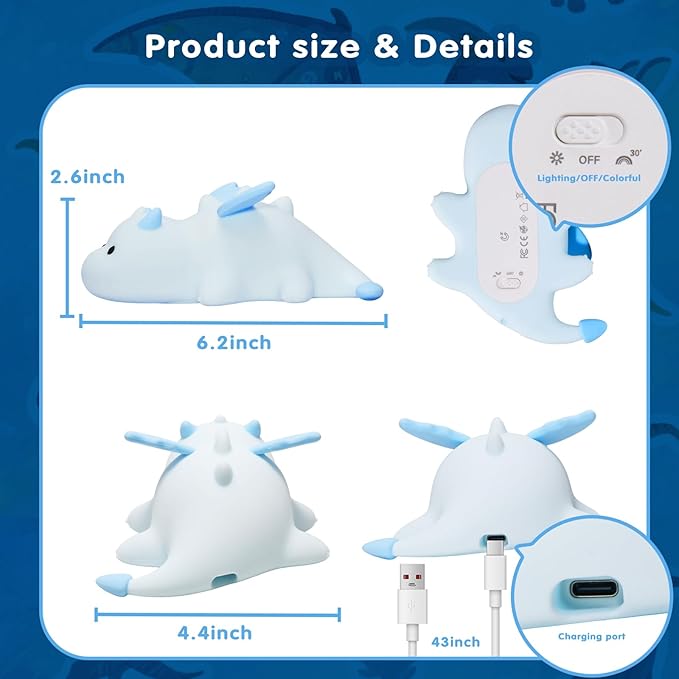 Cute Baby Dragon Kids Night Light for Kids,Cute Soft Silicone Lamp 3 Level Dimmable Changing Rechargeable Breastfeeding Nursery Portable Kawaii Lamps,Bedside Lamp for Baby and Toddler,Boy Girls（Blue）-CubbioJoy