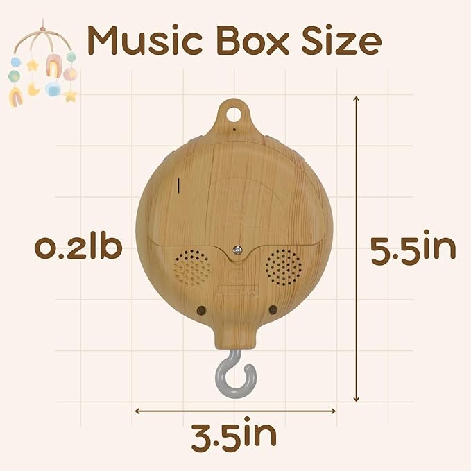 Crib Mobile Motor with Music Box, Baby Mobile for Crib with 12 Classic Lullabies & Rotating Function, Wooden Design Crib Mobile with Music-CubbioJoy
