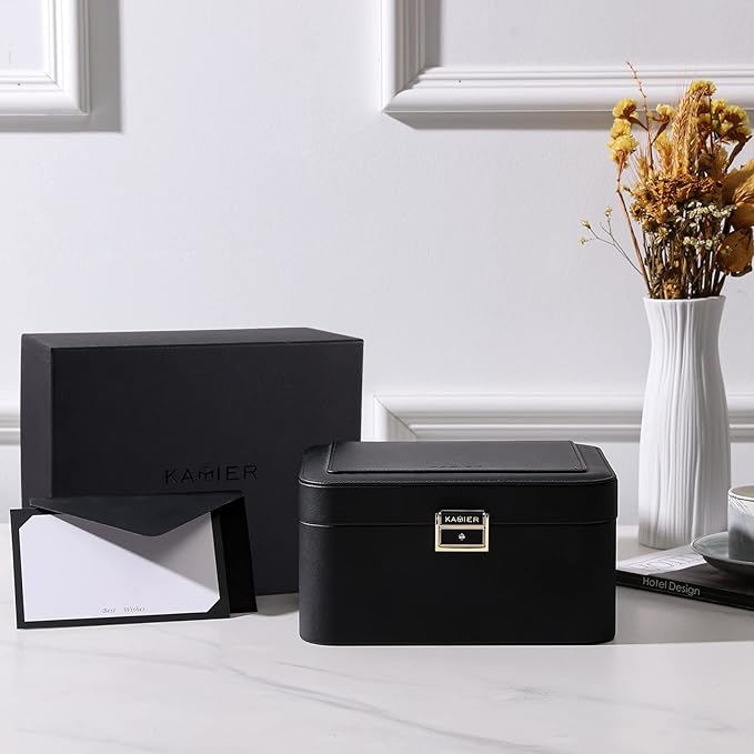 KAMIER Jewelry Holder Organizer, 2 Layers PU Leather Jewelry Box, Large Capacity, Double Lock and Large Mirror, Hidden Necklace Hooks, Removable Dividers, Gift Box Packaging, Black-CubbioJoy